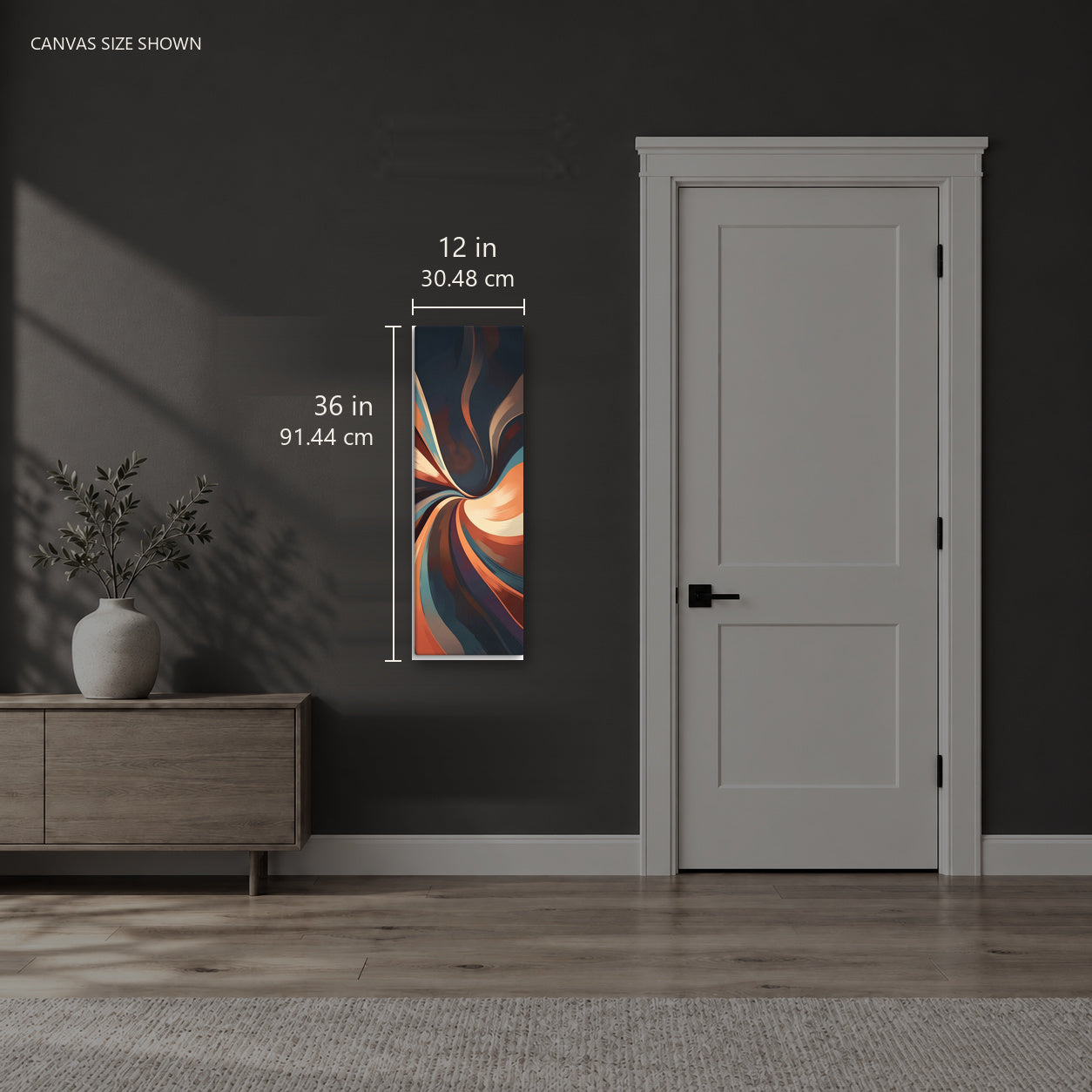 Stria Vortex — Canvas shown: 12 W × 36 H in (30.48 × 91.44 cm). Room reference; other formats and framed outside dimensions differ.