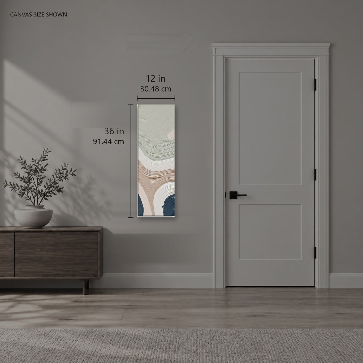 Talus — Canvas shown: 12 W × 36 H in (30.48 × 91.44 cm). Room reference; other formats and framed outside dimensions differ.