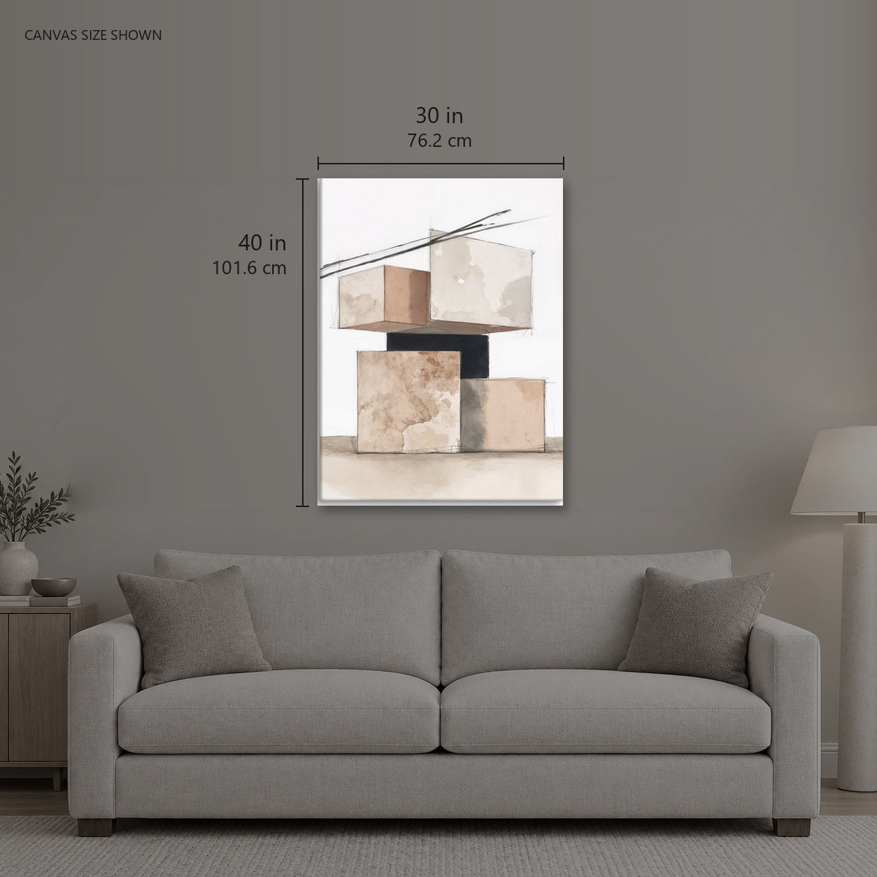 SPECK — Canvas shown: 30 W × 40 H in (76.2 × 101.6 cm). Room reference; other formats and framed outside dimensions differ.