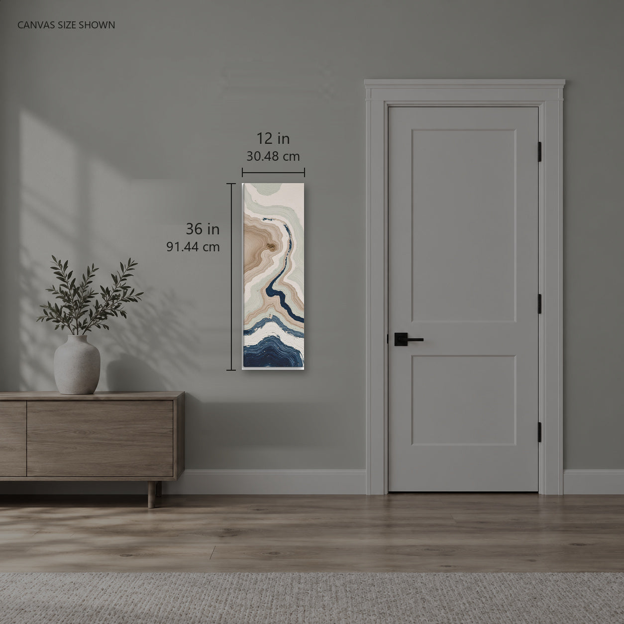 Terrace — Canvas shown: 12 W × 36 H in (30.48 × 91.44 cm). Room reference; other formats and framed outside dimensions differ.