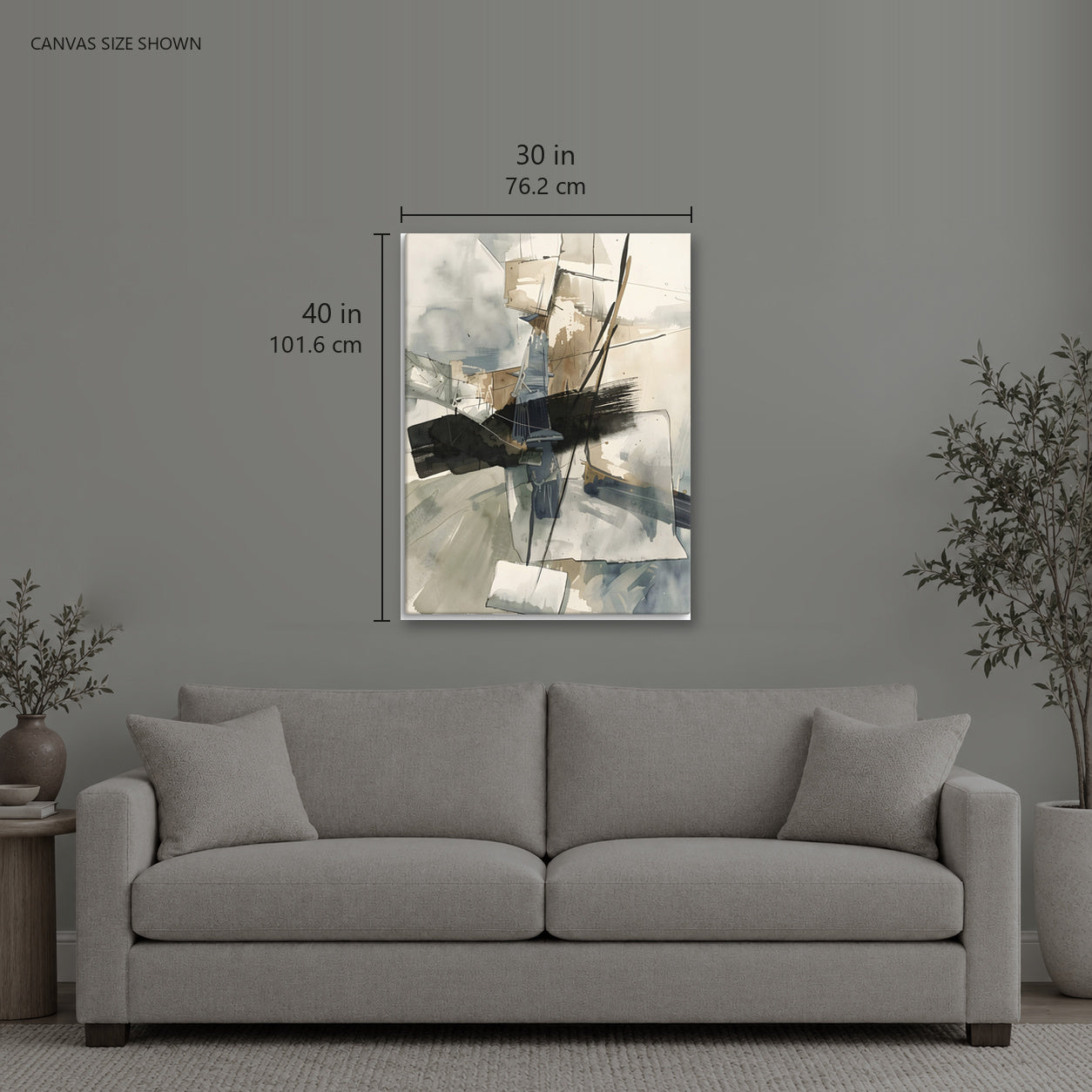 TRAVERSE — Canvas shown: 30 W × 40 H in (76.2 × 101.6 cm). Room reference; other formats and framed outside dimensions differ.