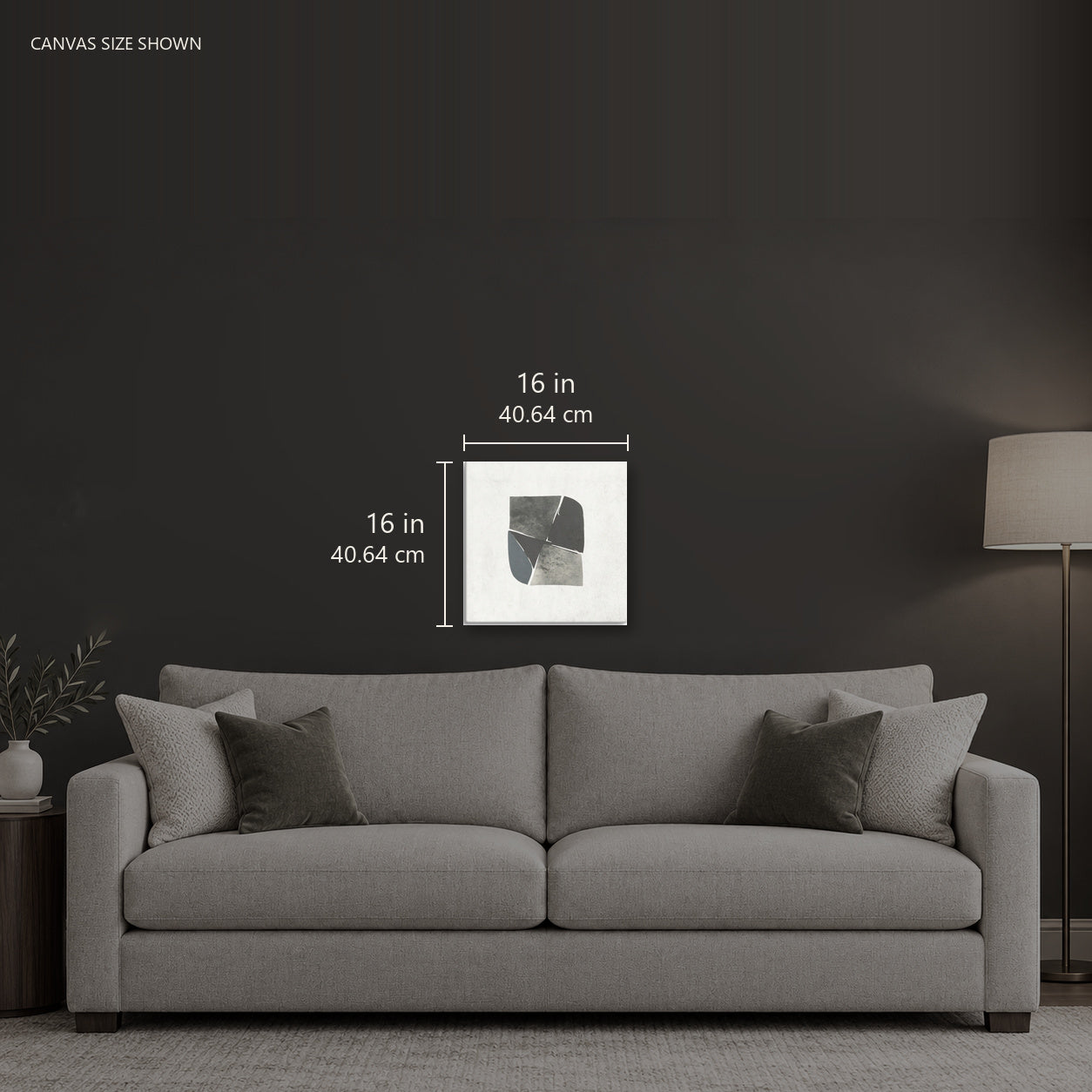 Two — Canvas shown: 16 W × 16 H in (40.64 × 40.64 cm). Room reference; other formats and framed outside dimensions differ.