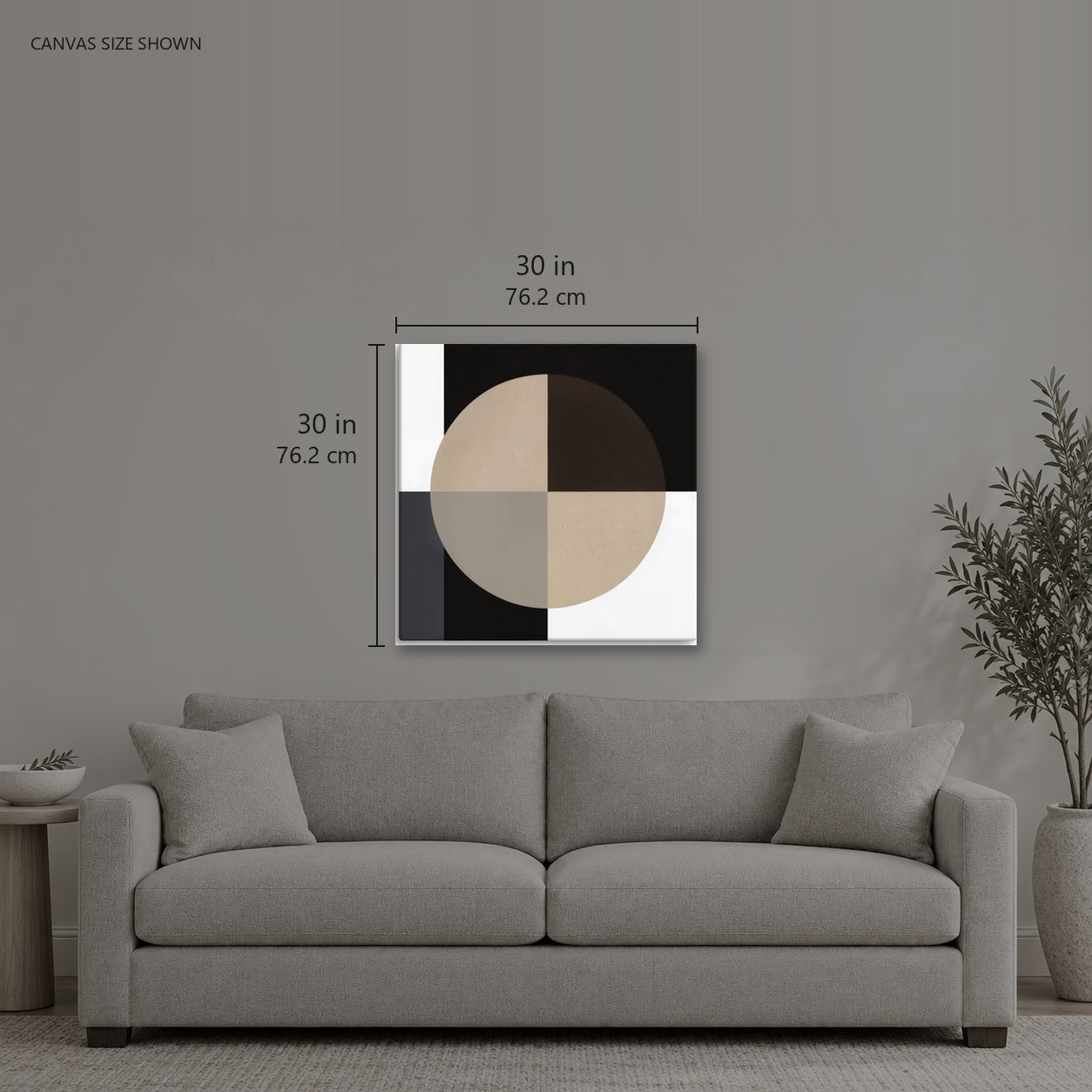 YIRGA 444 — Canvas shown: 30 W × 30 H in (76.2 × 76.2 cm). Room reference; other formats and framed outside dimensions differ.