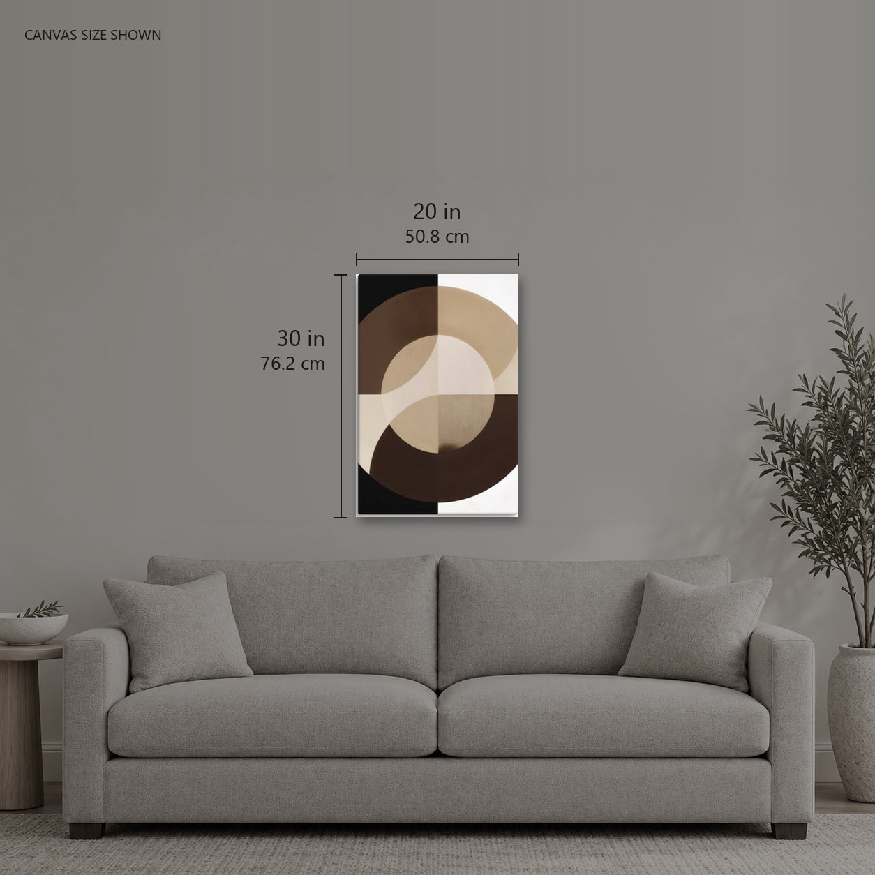YIRGA 596 Vertical — Canvas shown: 20 W × 30 H in (50.8 × 76.2 cm). Room reference; other formats and framed outside dimensions differ.